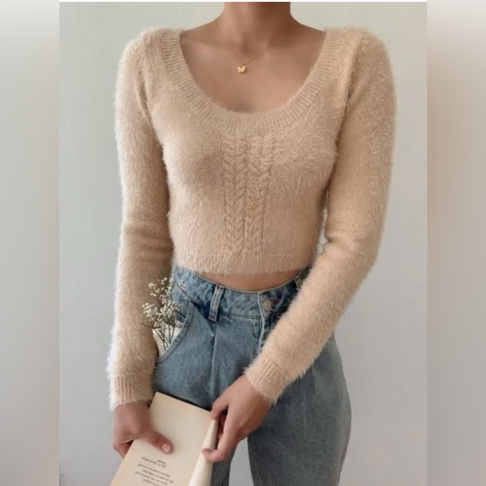 olivaceous tan fuzzy cropped sweater (s) breath of youth